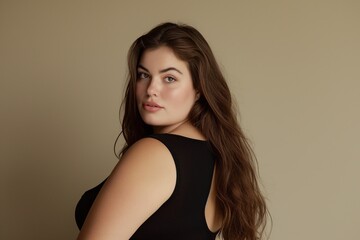 Fototapeta premium Portrait of a woman with long brown hair, looking over her shoulder, wearing a black sleeveless top against a light brown background.