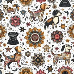 Colorful Dog Seamless Pattern with Floral Elements and Stars