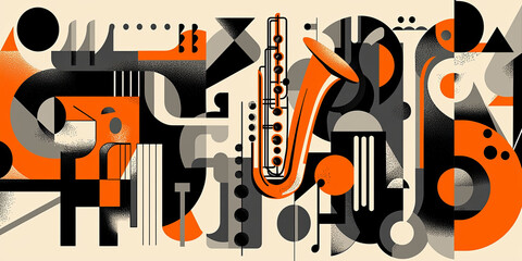 An abstract composition featuring various musical instruments, generative AI