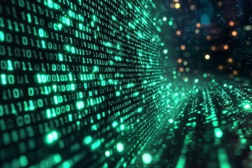 Fototapeta premium Green Dark Binary Code with Data Streaming Background created with Generative AI