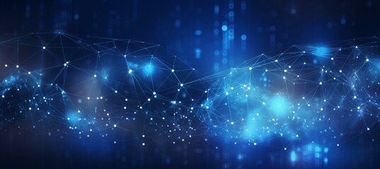 Fototapeta premium Abstract digital blue background with a glowing global network and internet connections on a dark blue backdrop, a technology concept. 