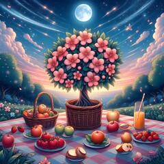 Magical Picnic Under a Starry Sky with a Blooming Tree