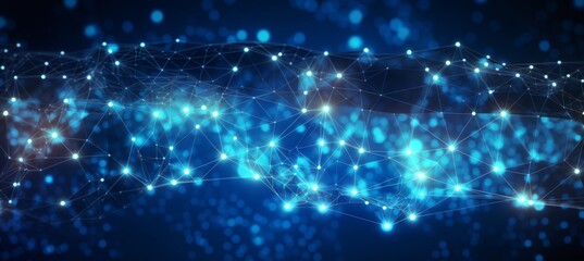 Obraz premium Abstract digital blue background with a glowing global network and internet connections on a dark blue backdrop, a technology concept. 