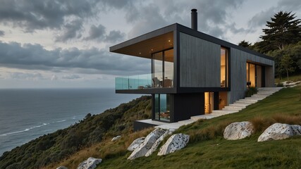 Fototapeta premium modern cantilevered home built on a steep mountainside with stunning sea views