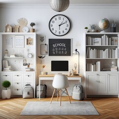 Cozy Home Office with School Supplies and Bookshelves