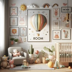 Cute Nursery Decor with Hot Air Balloon Wall Art and Playful Toys