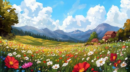 Fototapeta premium Vibrant Spring Meadow: Illustration of Lush Blooming Flowers in a Picturesque Field