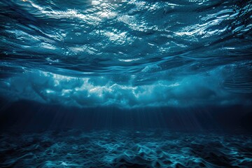 Obraz premium Dark Blue Ocean Surface with Sunlight Filtering Through Water Underwater Tranquility and Gentle Waves and aquatic life