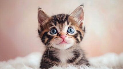 Adorable tabby kitten with big blue eyes looking directly at camera with curiosity