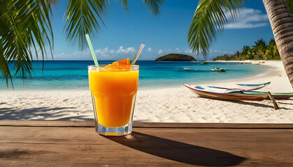 Obraz premium Orange cocktail drinks Glass of juice on the beach Blur and bokeh of beach bar restaurant front sea