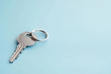 House keys with a keychain in the shape of a house on a plain blue background