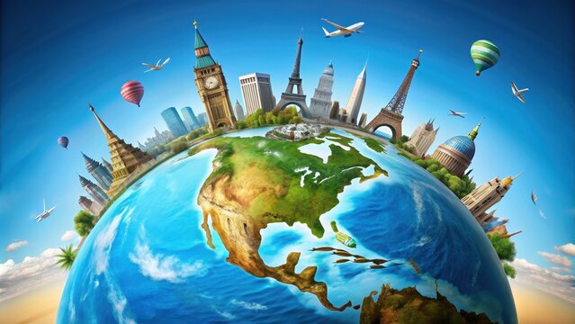 of a trip around the world featuring famous landmarks on a globe, travel, landmarks, monuments, globe, world,adventure