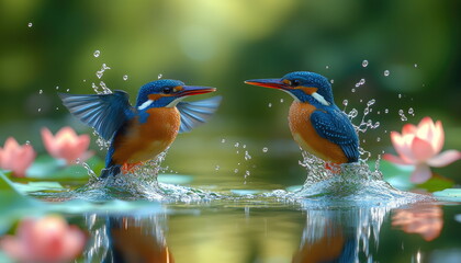 Two Kingfishers Diving into Water