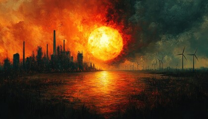 Obraz premium Factory Sunset with Windmills