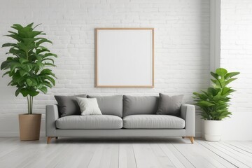 Minimalist Living Room with Grey Sofa, Plants, and a Blank Framed Canvas