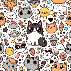 Cute Cat Seamless Pattern with Doodle Elements