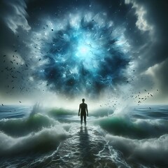 Fototapeta premium A figure surrounded by a stormy sea, symbolizing the overwhelming nature of anxiety. Depression. Mental Health Issue. Mental Illness. Anxiety. Stress. Life Crisis. 