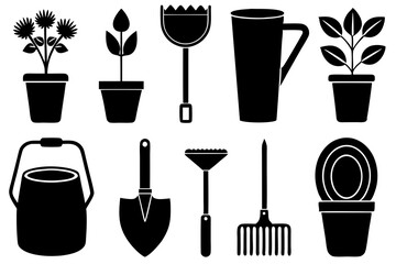 Gardening Tools Icon Set - Spade, Trowel, Watering Can, Plant Pot, Garden Fork, Seed Packet, Pruning Shears Silhouette Vector Illustration