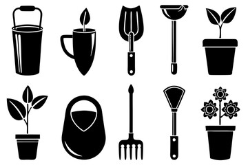 Gardening Tools Icon Set - Spade, Trowel, Watering Can, Plant Pot, Garden Fork, Seed Packet, Pruning Shears Silhouette Vector Illustration