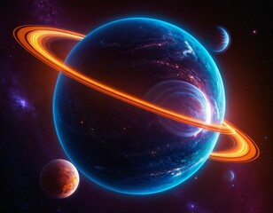 Obraz premium Colorful bright 3d planet with glowing neon rings. Abstract solar system with planets and stars in orbit. Meteorite and comet. Space futuristic creative design. Ai generated image.