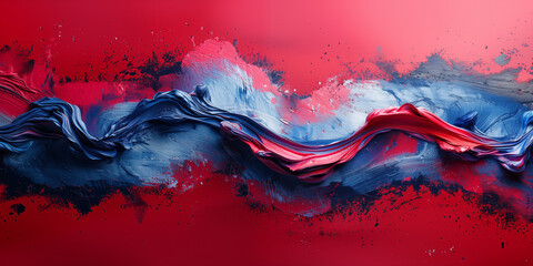 Abstract fluid art with swirling red and blue paint creating a dynamic wave pattern. Concept of creativity, fluidity, and contrasting emotions.