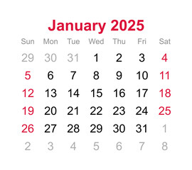 Monthly calendar of January 2025 on transparent background