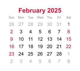 Monthly calendar of February 2025 on transparent background