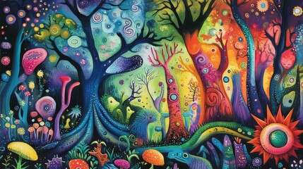 Fototapeta premium Enchanting Encounter with Whimsical Creatures in a Vibrant Fantasy Forest