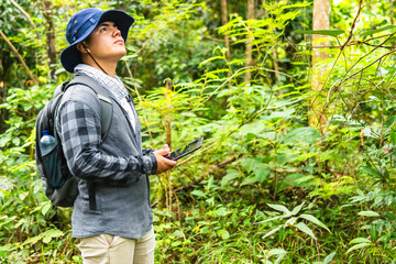 A biologist looks up at the trees above him, spotting species needed for his research. He holds a...