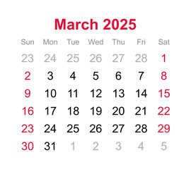 Monthly calendar of March 2025 on transparent background