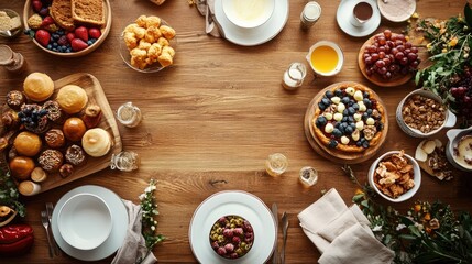 Dining table with a dessert spread, top view, lots of space for text