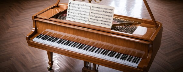 A beautifully crafted grand piano with sheet music, showcasing elegance and musicality in a sophisticated setting.