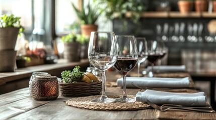 Pato in Portuguese decor: A cozy table setting in a Portuguese restaurant, with Pato as the centerpiece, accompanied by wine glasses and rustic decor, with room for text.