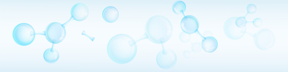 Molecules inside bubbles on blue background. Collagen serum bubble. Cosmetic essence. Concept skin care cosmetics solution.