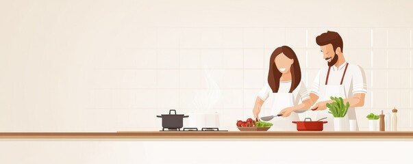 A couple cooking together in a modern kitchen, preparing fresh ingredients for a delicious meal, promoting teamwork and culinary joy.