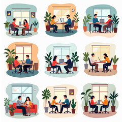 Fototapeta premium Illustration of Various Office Meetings with Plants and Laptops