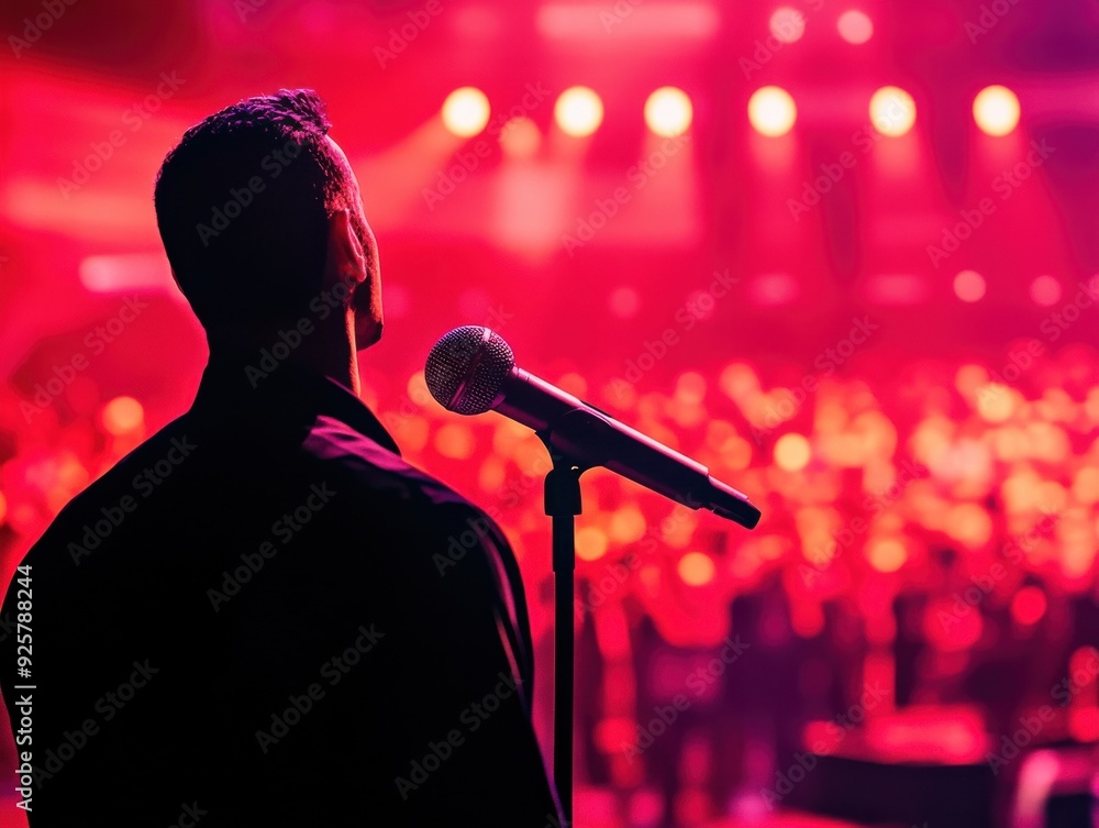 Poster a performer stands in front of a captivated audience, illuminated by vibrant stage lights, creating 
