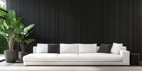 Contemporary Elegance: A Modern Living Room with White Sofas and Dark Walls Accentuating Cozy Minimalism