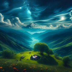 Majestic Mountain Valley at Night with Moon and Stars