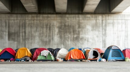 A row of colorful tents set up under a concrete structure, reflecting a need for shelter and community in urban spaces.