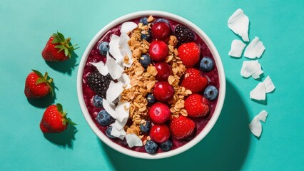 Vibrant Bowl Of Acai With Fresh Berries, Granola, And Coconut Flakes, Top View, Healthy Breakfast Concept