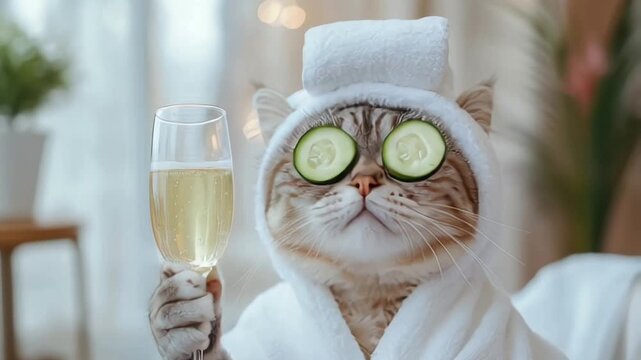 Cat relaxing in spa with cucumber slices on eyes holding a glass of champagne. Cute cat in a bathrobe and turban on spa treatments after bath. Pet grooming, domestic pets treatment 