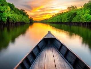 Fototapeta premium A serene sunset view from the bow of a boat gliding through tranquil waters surrounded by lush greenery.