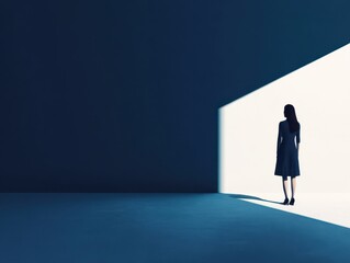 Obraz premium A silhouette of a woman standing in a dark space, illuminated by a beam of light, symbolizing hope and new beginnings.