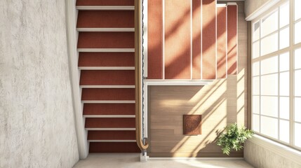 Staircase with carpeted steps, top view, open area around for copy space