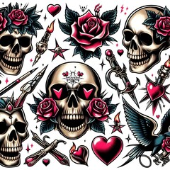 Vintage Tattoo Style Skull and Rose Design Elements