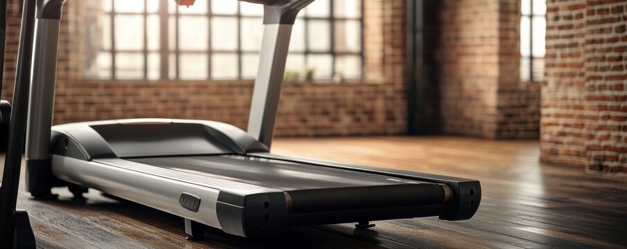 A sleek treadmill positioned in a stylish gym with brick walls, perfect for fitness enthusiasts seeking modern exercise equipment.
