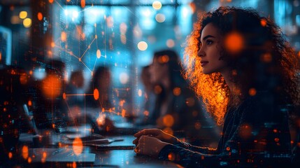 Diverse group of business professionals engaged in a roundtable discussion, with a blurred abstract network background, symbolizing teamwork and innovation.