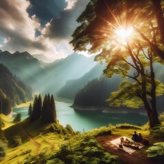 Couple Enjoying a Picnic by the Lake with a Stunning Mountain View and Sunbeams