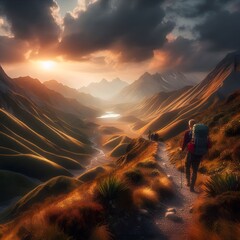 Hiker Walking Through Majestic Mountain Valley at Sunset